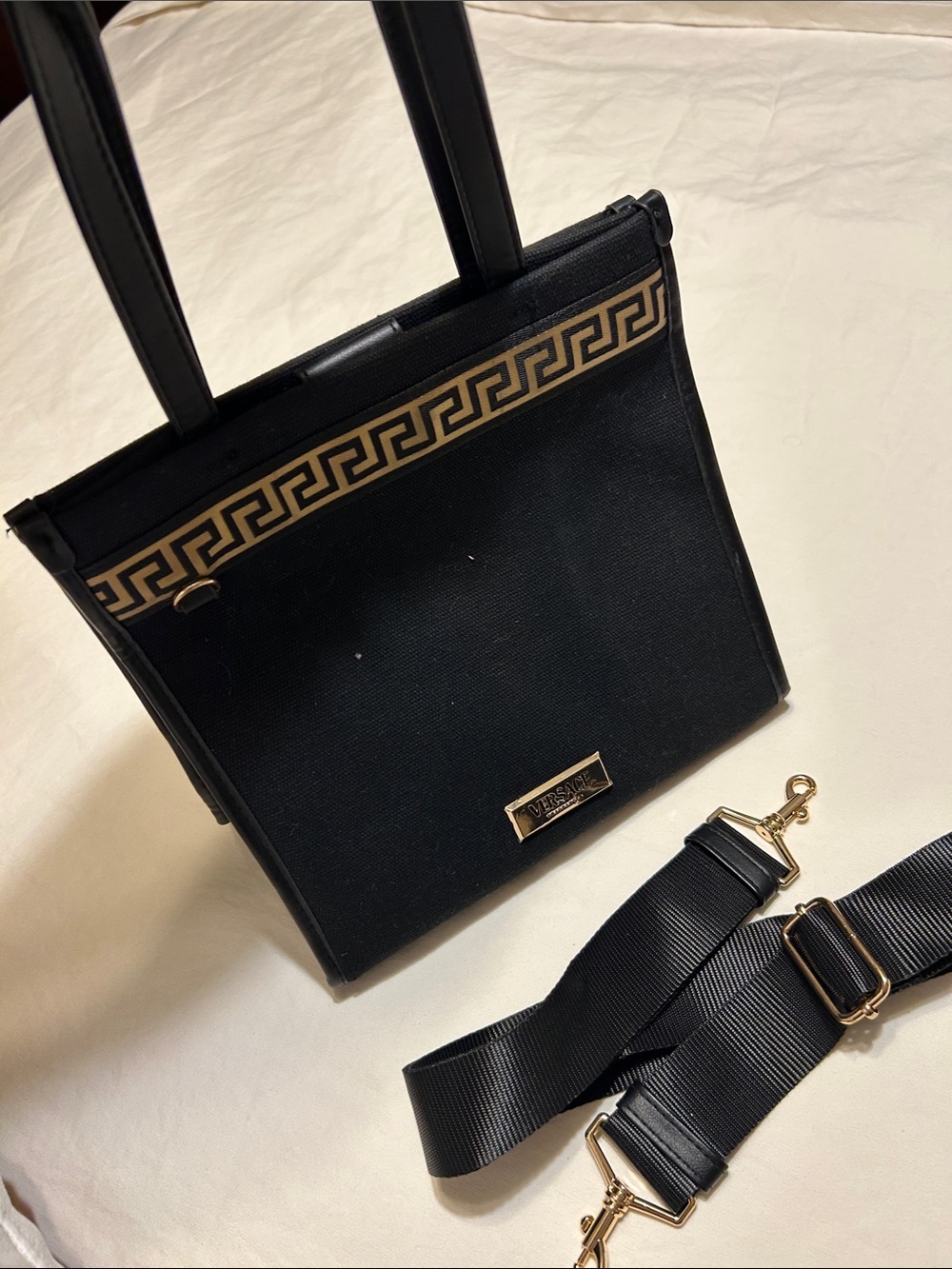 Versace Black Canvas Crossbody with Gold Greek Key Trim
